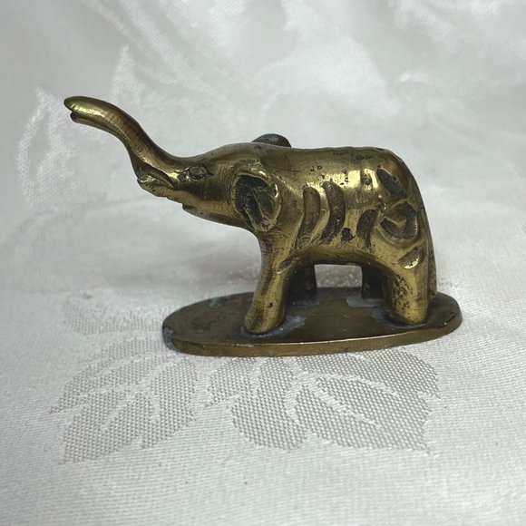 Vintage Brass Elephant Figurine Trunk Up China Lucky Elephant - Picture 3 of 7